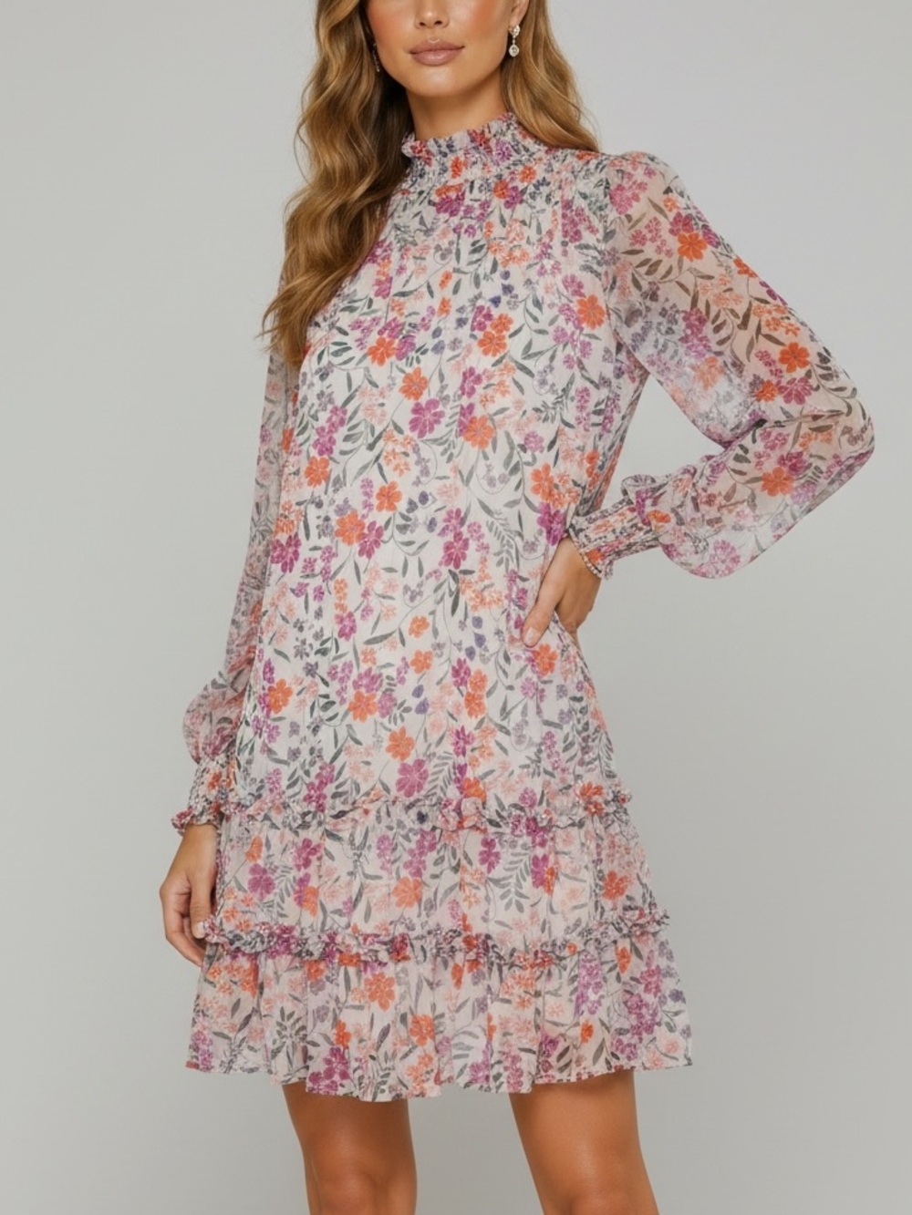 CeCe Floral Long Sleeve Ruffle Tiered Dress in White with Pink & Orange Flowers